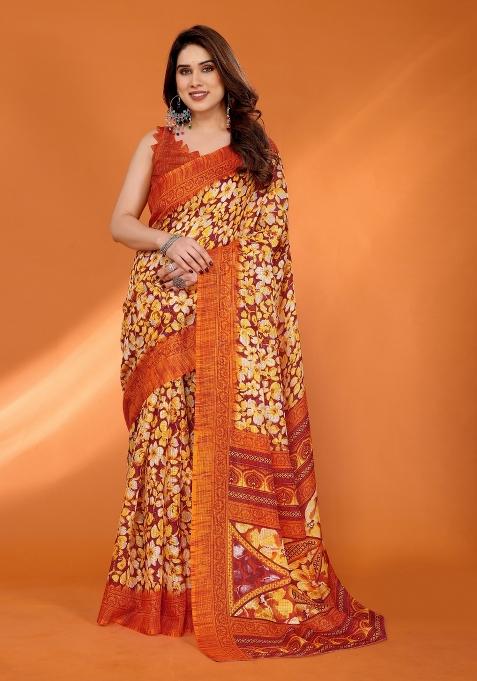 Orange Printed Blended Saree Collection