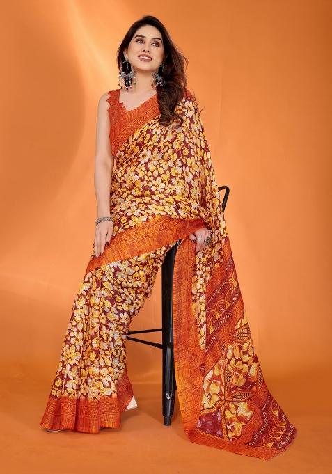 Orange Printed Blended Saree Collection