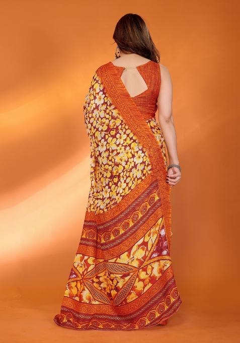 Orange Printed Blended Saree Collection
