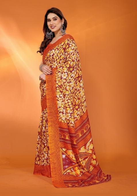 Orange Printed Blended Saree Collection