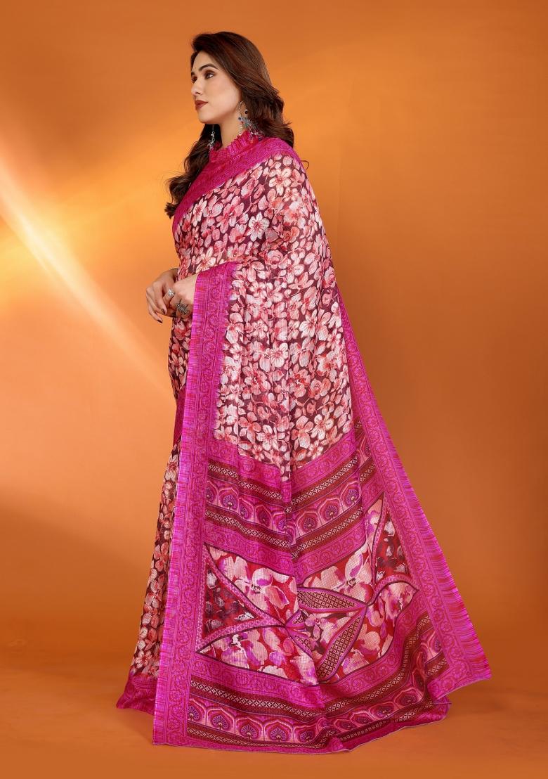 Pink Printed Blended Saree Collection - Indya