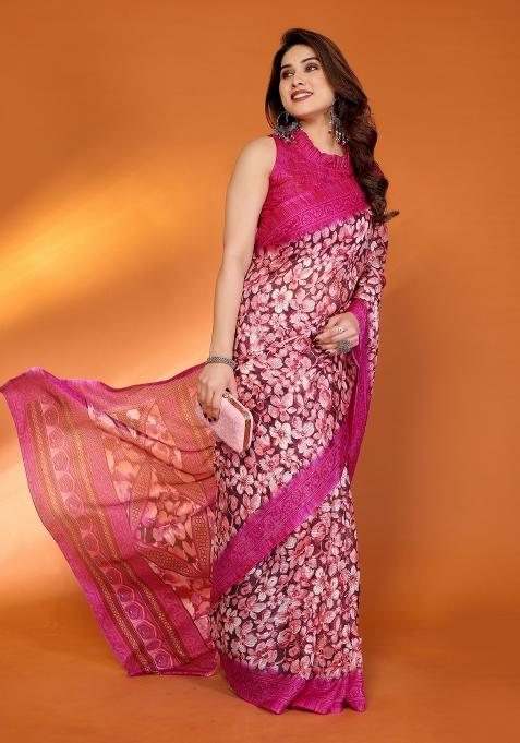Pink Printed Blended Saree Collection