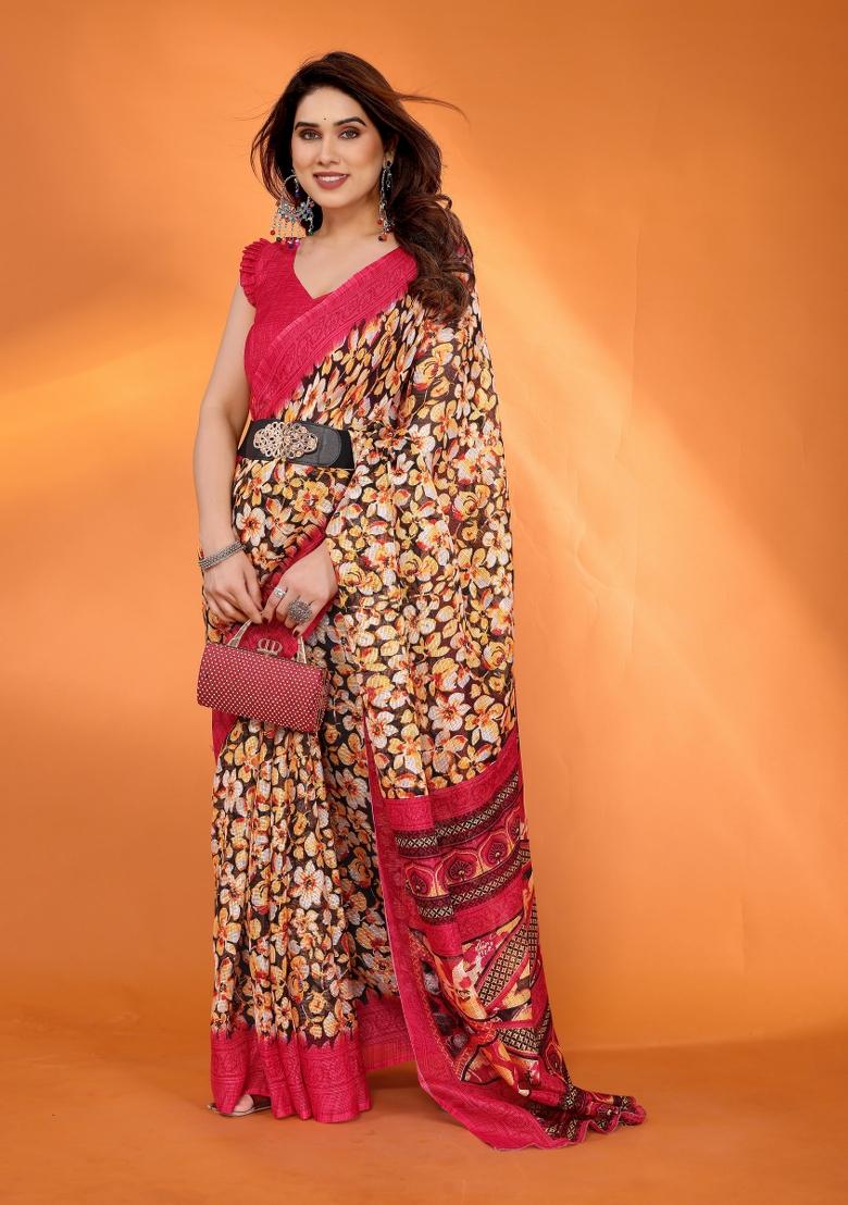Red Printed Blended Saree Collection - Indya