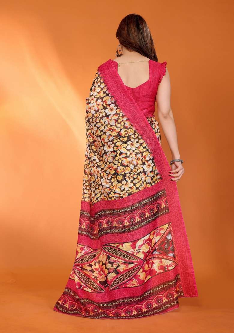 Red Printed Blended Saree Collection for Diwali and Festive Wear - Indya