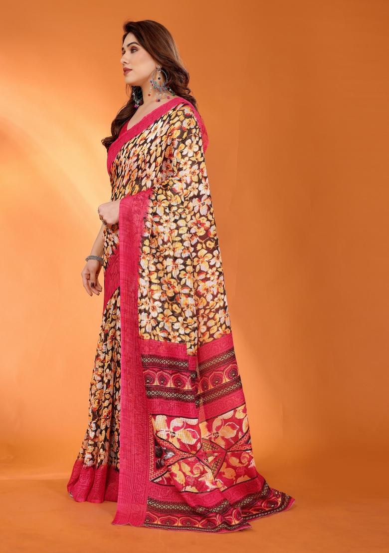 Red Printed Blended Saree Collection - Indya