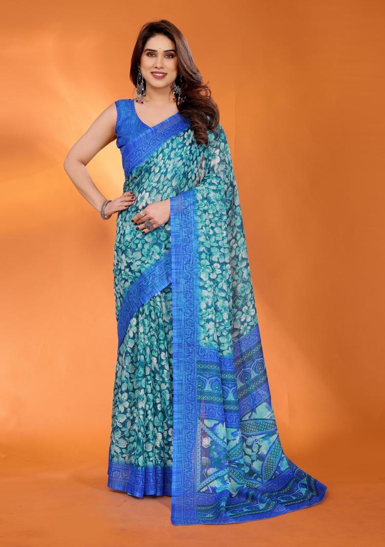 Blue Printed Blended Saree Collection - Indya