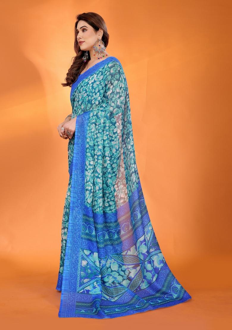 Blue Printed Blended Saree Collection - Indya