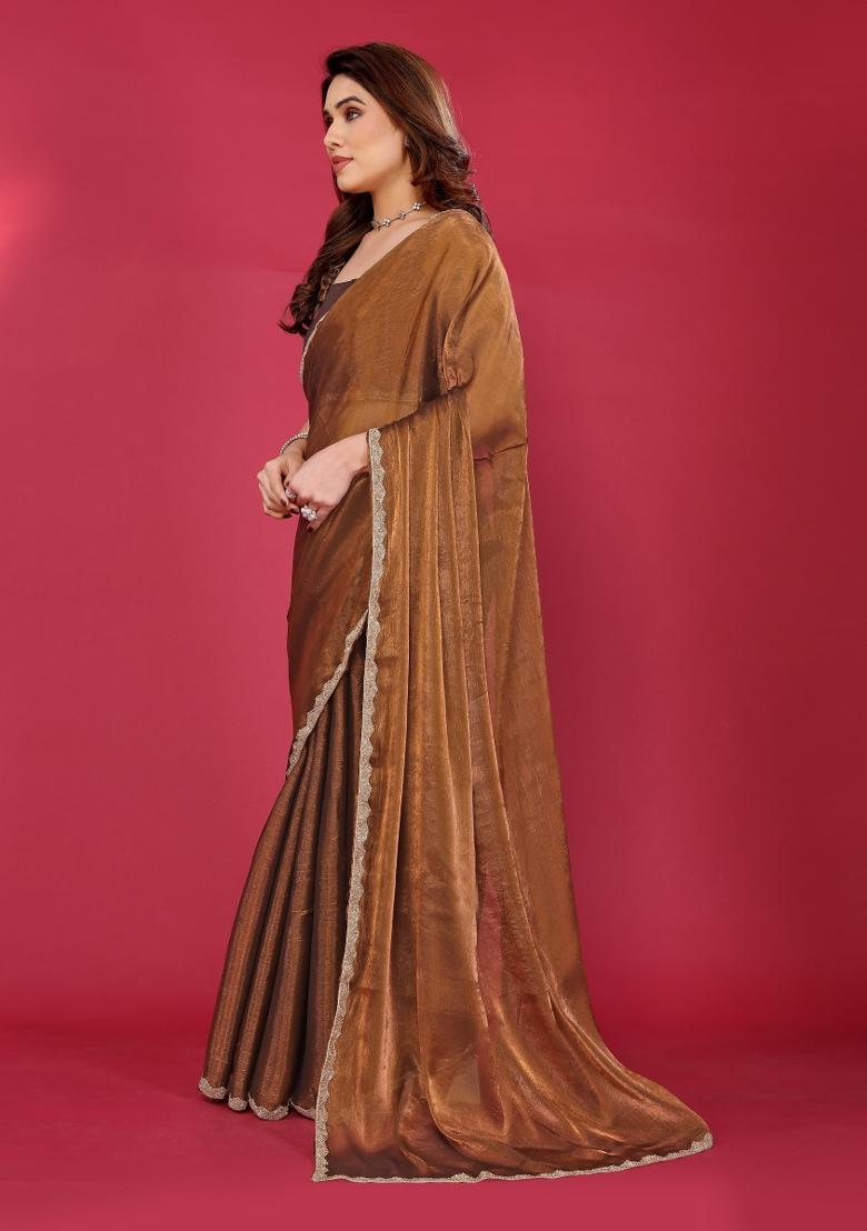 Brown Printed Blended Saree Collection - Indya