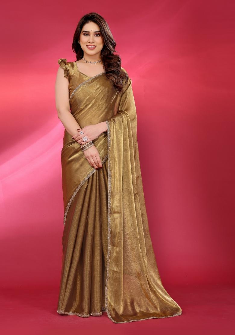 Gold Printed Blended Saree Collection - Indya