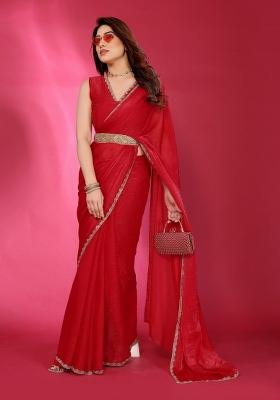 Red Printed Blended Saree Collection