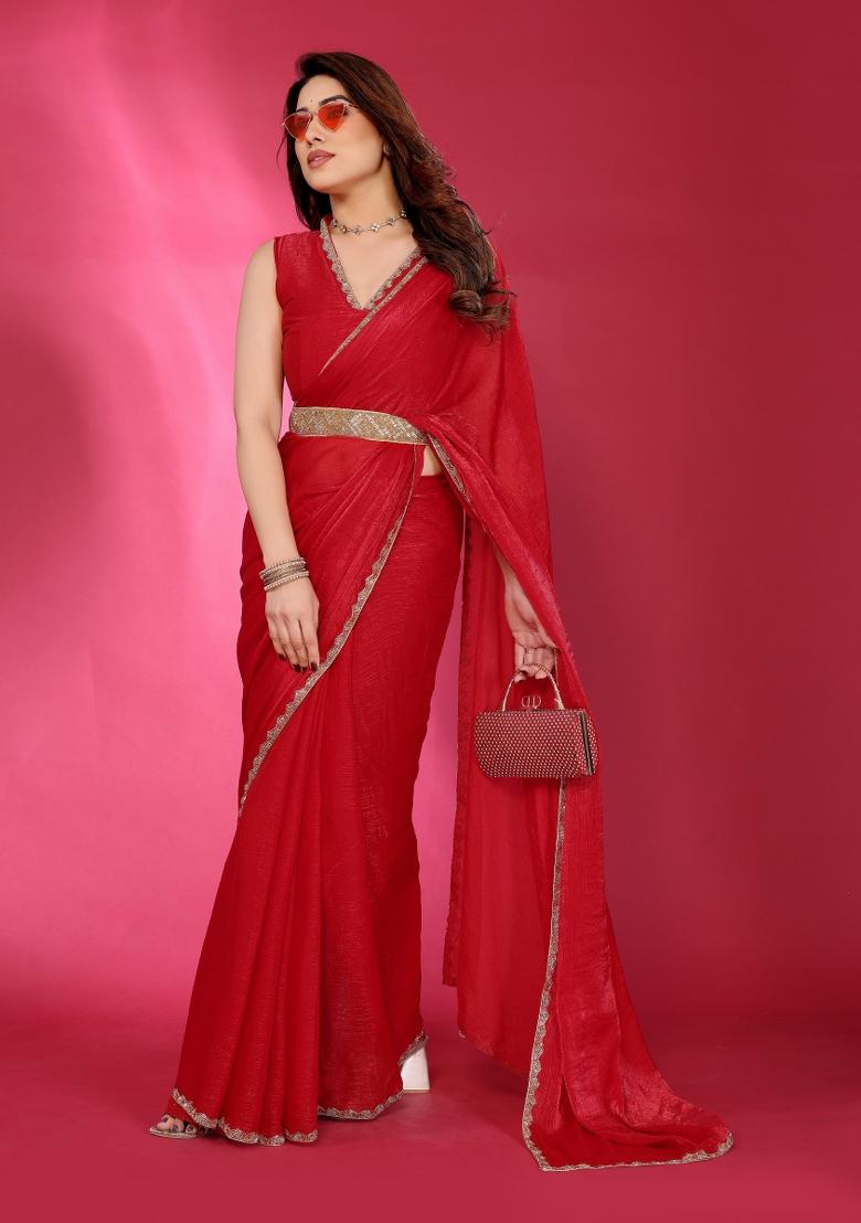 Red Printed Blended Saree Collection
