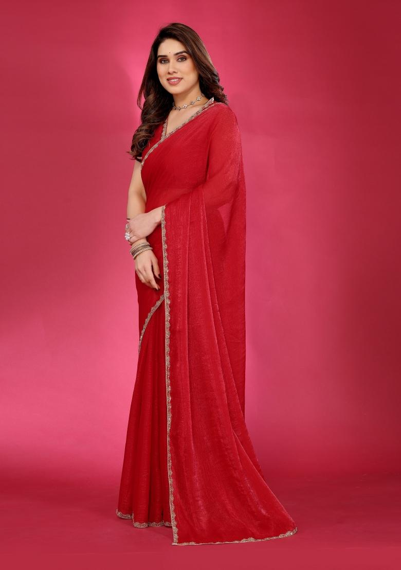 Red Printed Blended Saree Collection