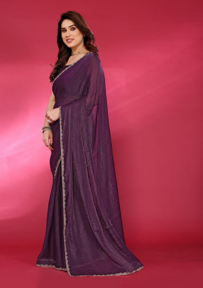 Wine Printed Blended Saree Collection