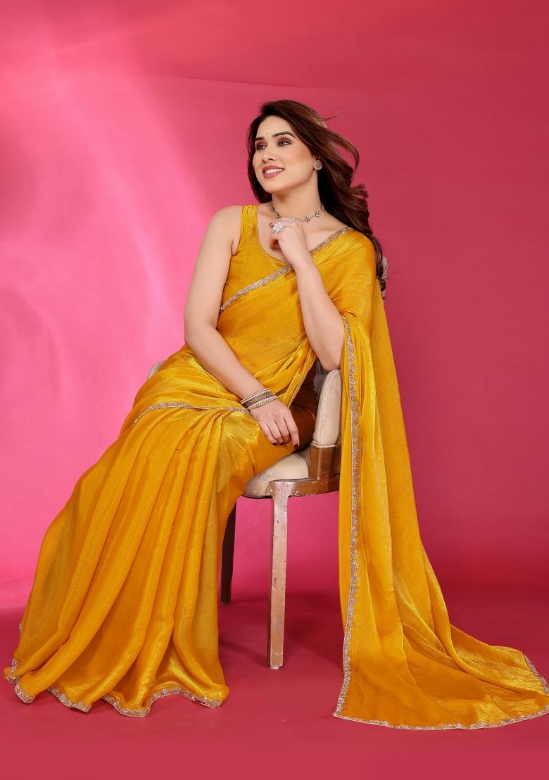 Yellow Printed Blended Saree Collection - Indya