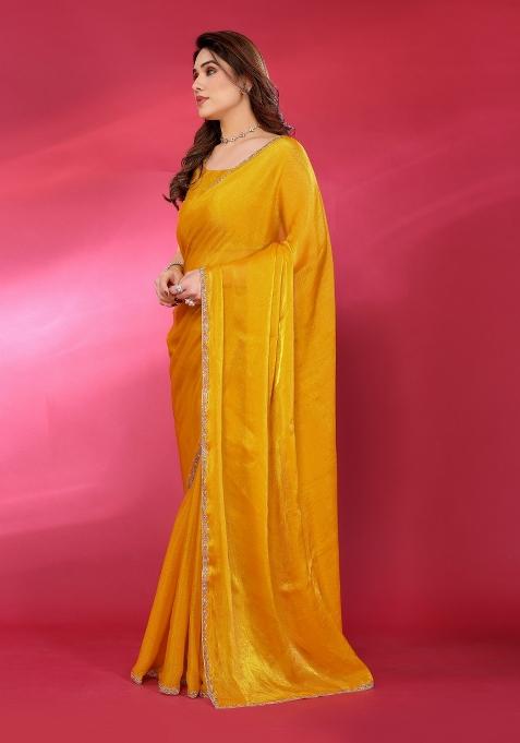 Yellow Printed Blended Saree Collection