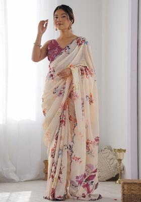 Cream Printed Blended Saree Collection