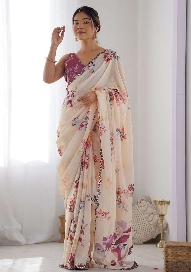 Cream Printed Blended Saree Collection for Diwali and Festive Wear - Indya