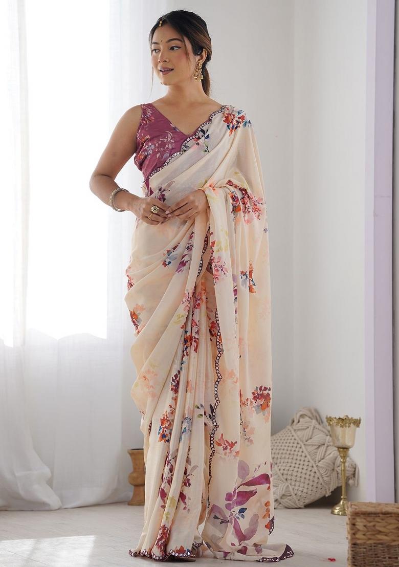 Cream Printed Blended Saree Collection - Indya