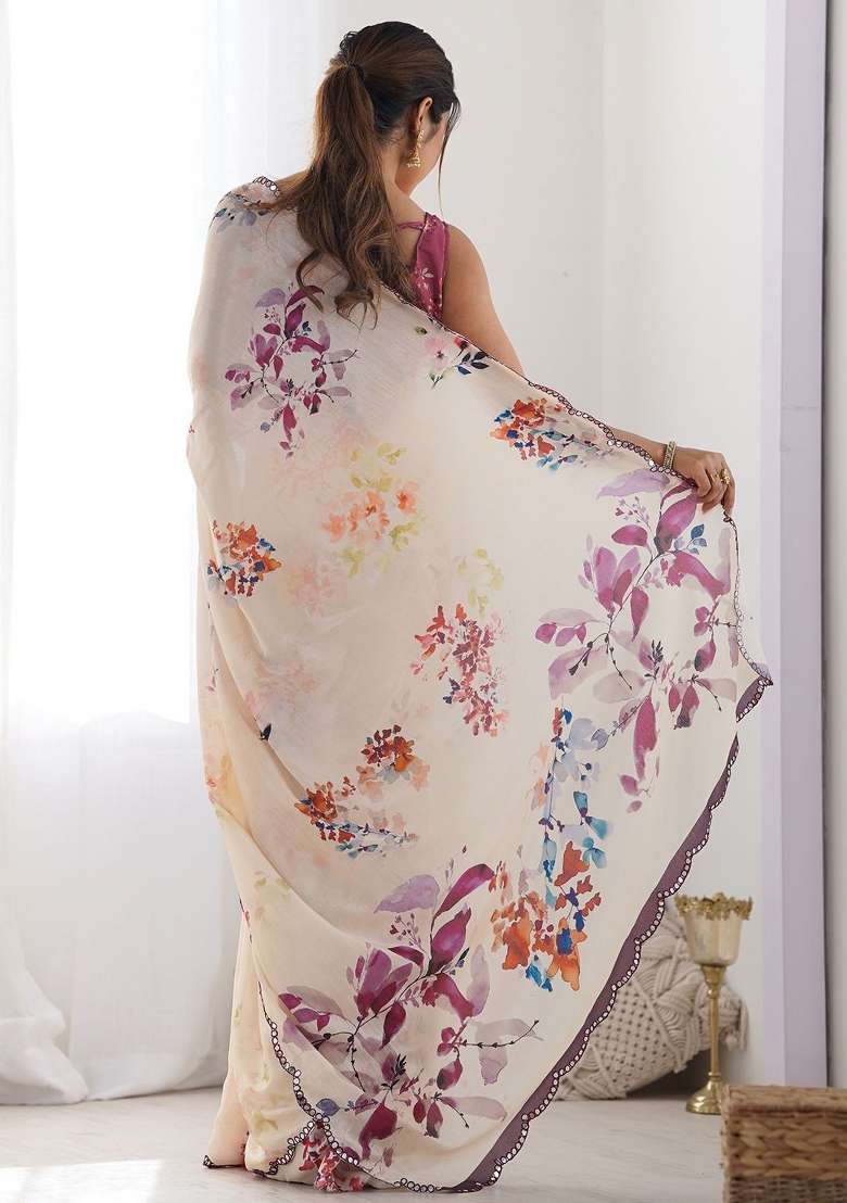 Cream Printed Blended Saree Collection for Diwali and Festive Wear - Indya