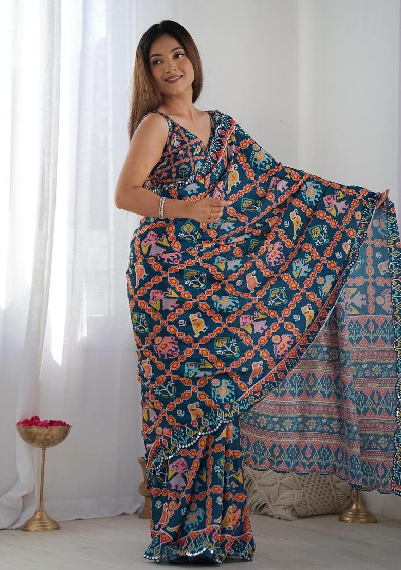 Blue Printed Blended Saree Collection - Indya