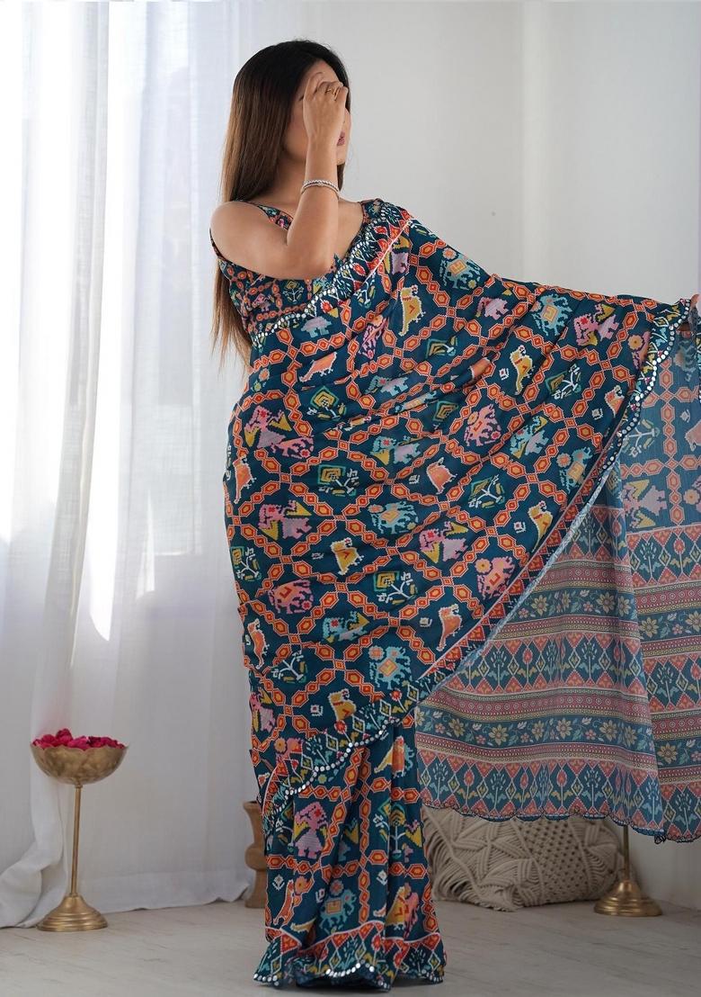 Blue Printed Blended Saree Collection - Indya