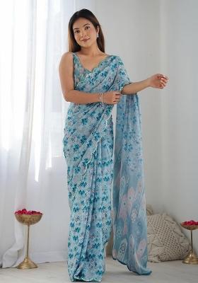 Blue Printed Blended Saree Collection