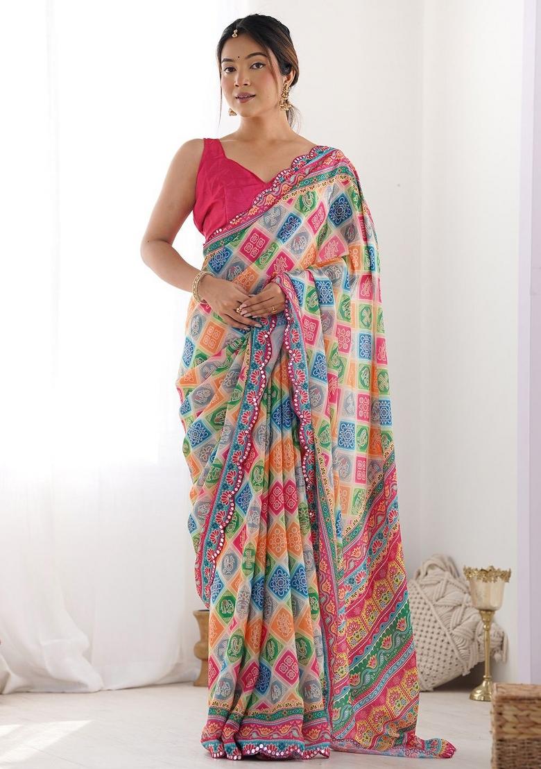 Multicolor Printed Blended Saree Collection