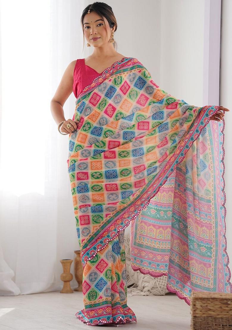 Multicolor Printed Blended Saree Collection - Indya
