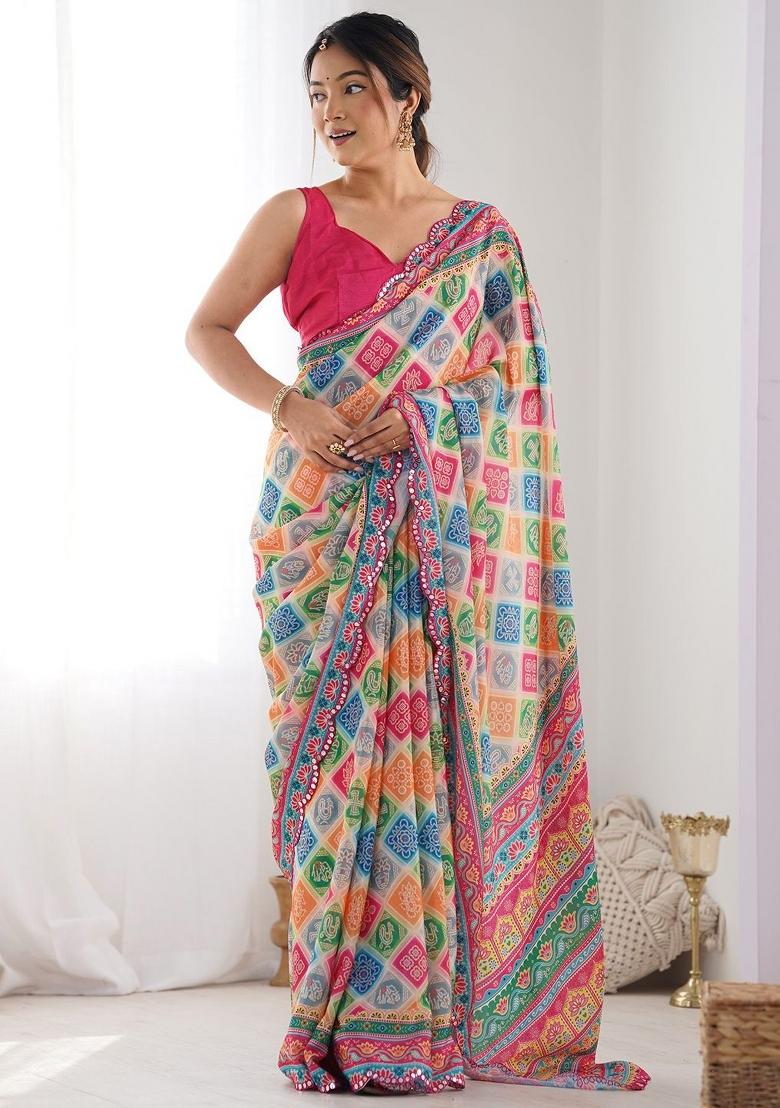 Multicolor Printed Blended Saree Collection - Indya