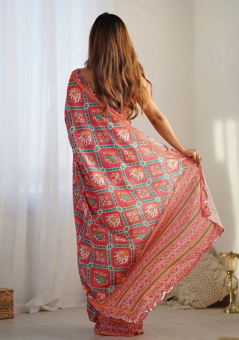 Red Printed Blended Saree Collection