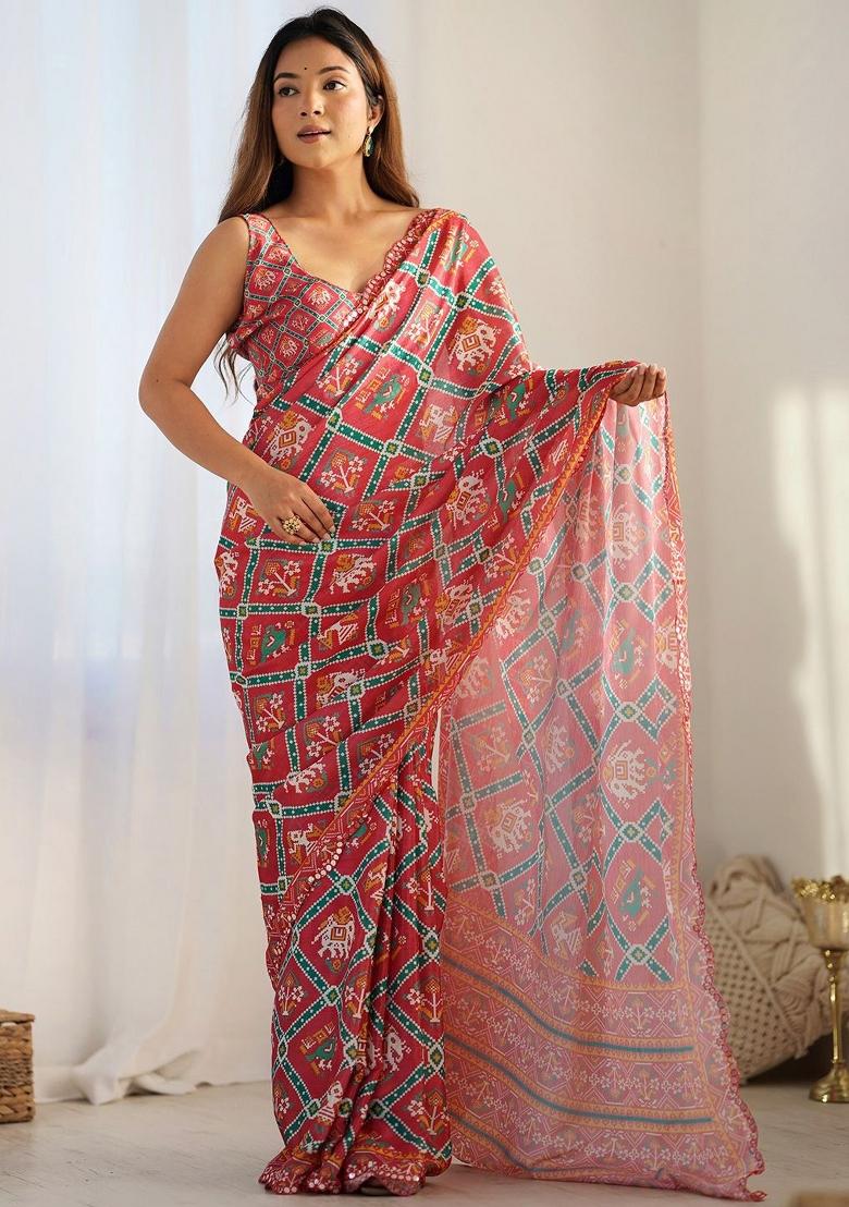 Red Printed Blended Saree Collection