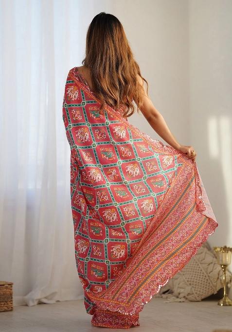 Red Printed Blended Saree Collection