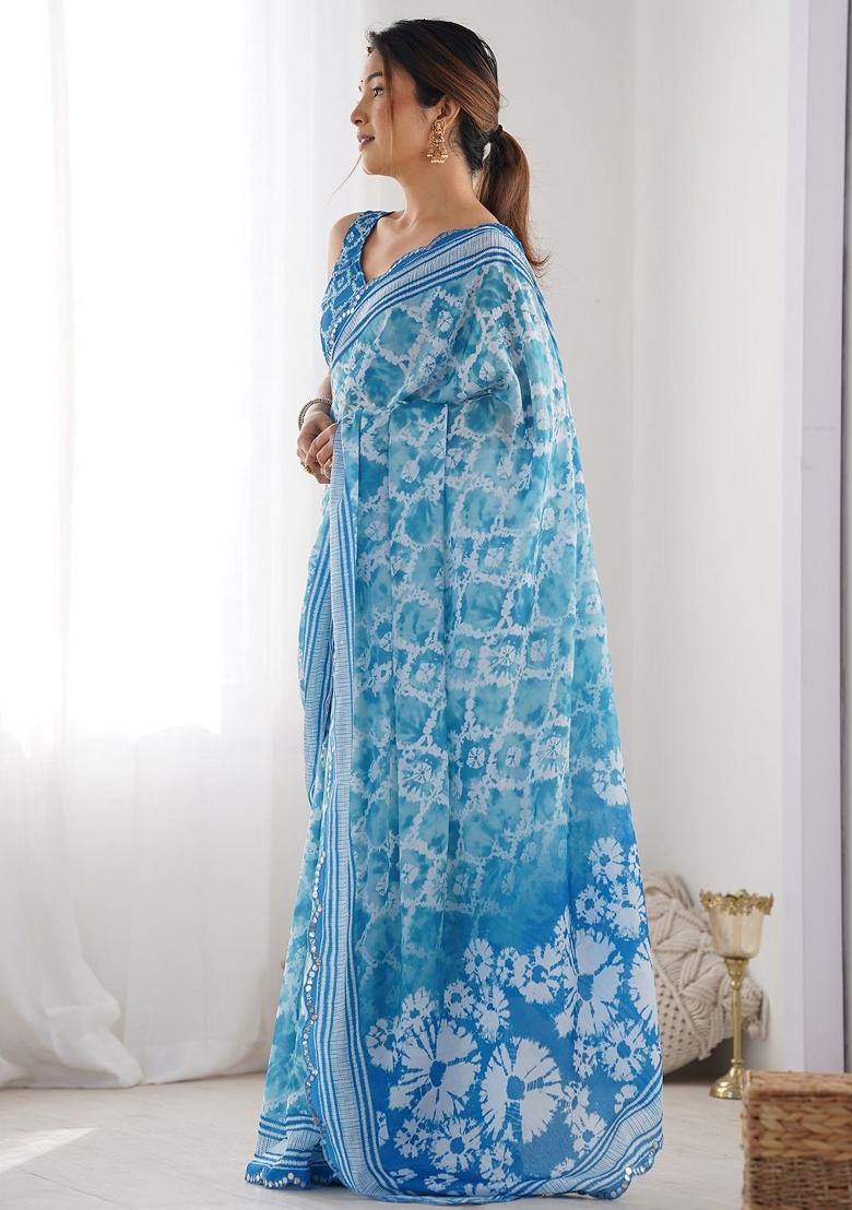 Sky Printed Blended Saree Collection - Indya
