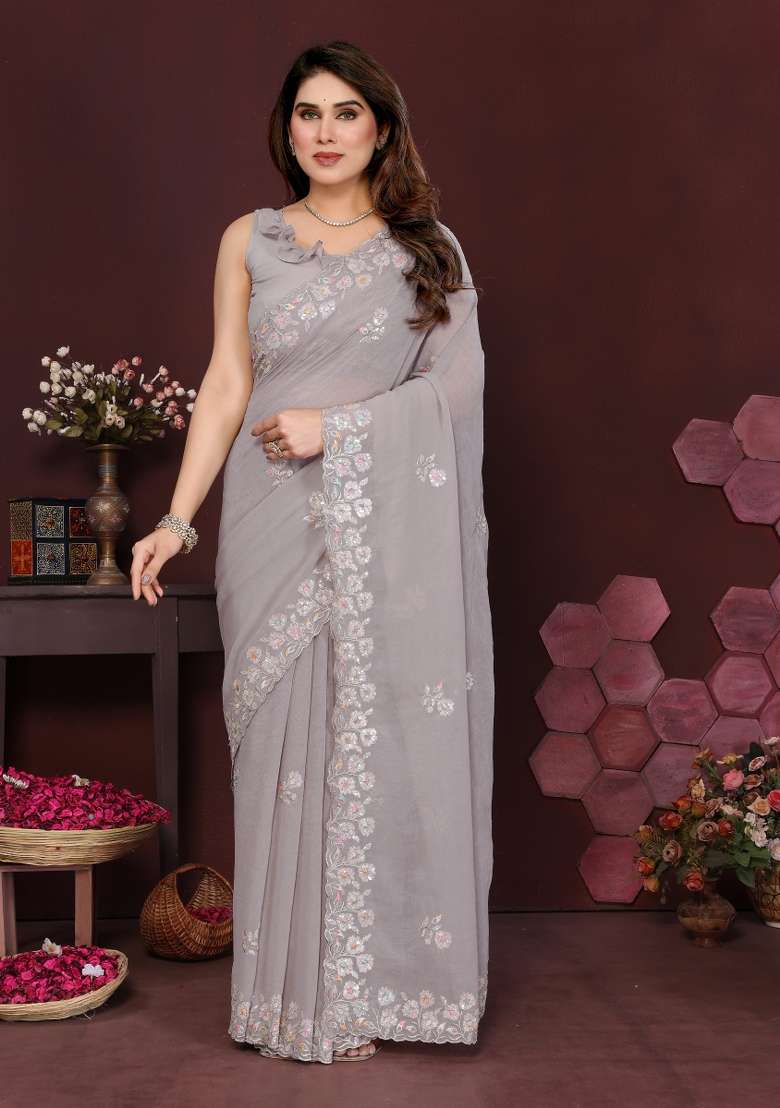 Grey Printed Blended Saree Collection for Diwali and Festive Wear - Indya