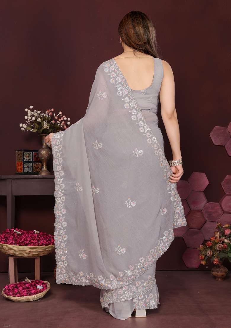Grey Printed Blended Saree Collection for Diwali and Festive Wear - Indya