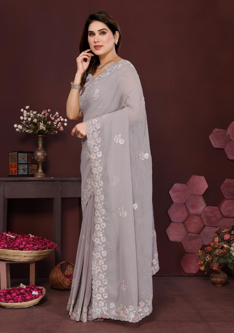 Grey Printed Blended Saree Collection - Indya