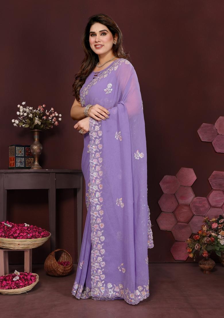 Lavender Printed Blended Saree Collection - Indya