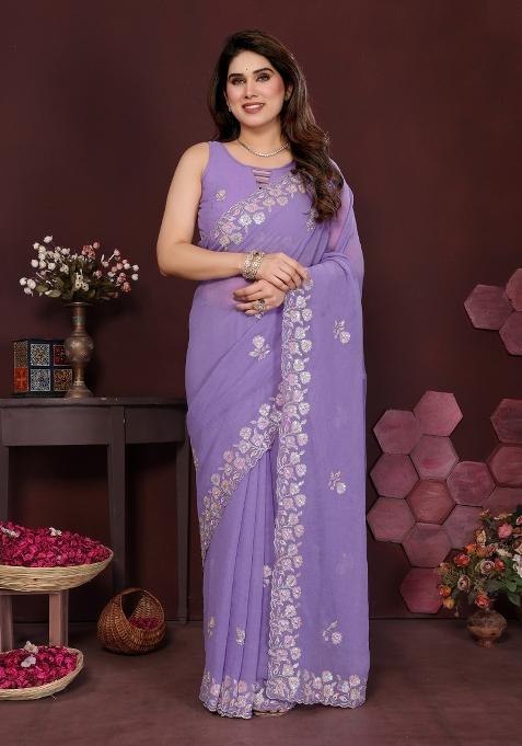 Lavender Printed Blended Saree Collection