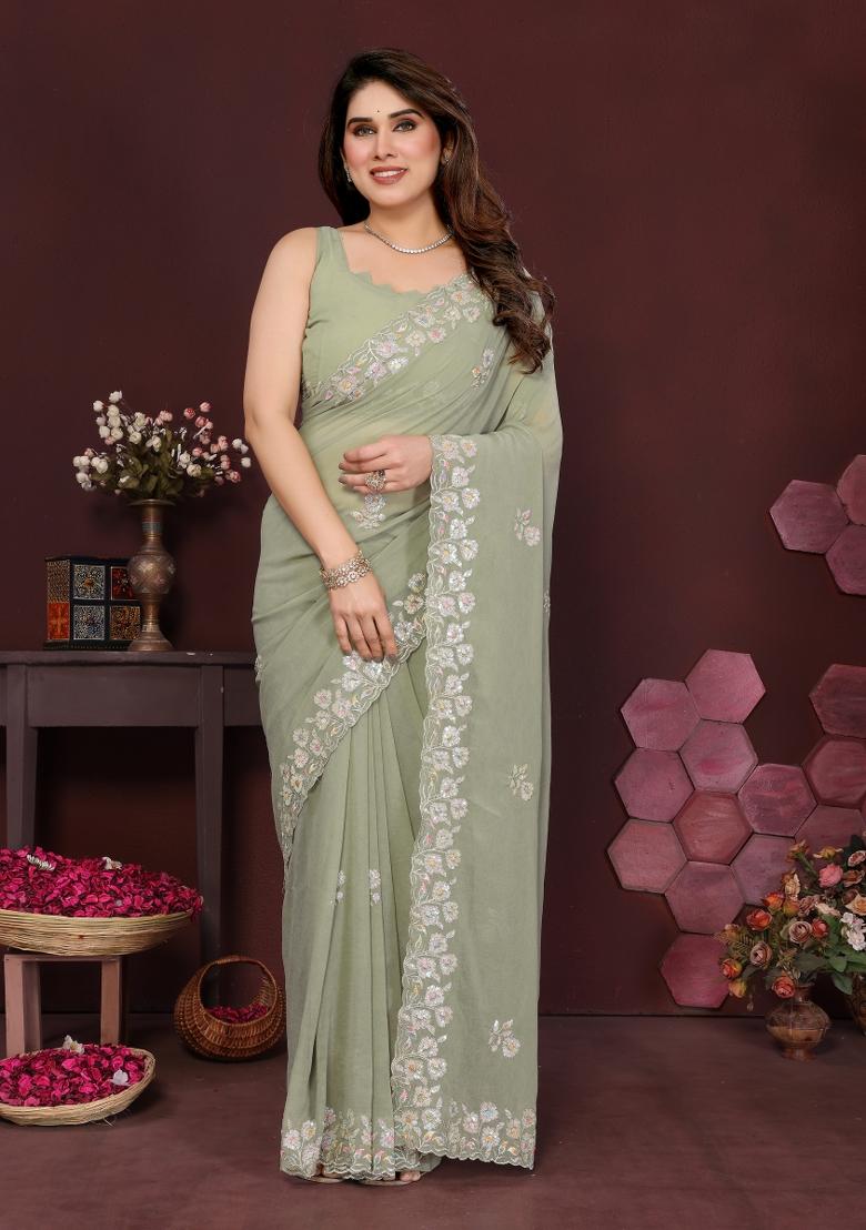 Pista Printed Blended Saree Collection - Indya