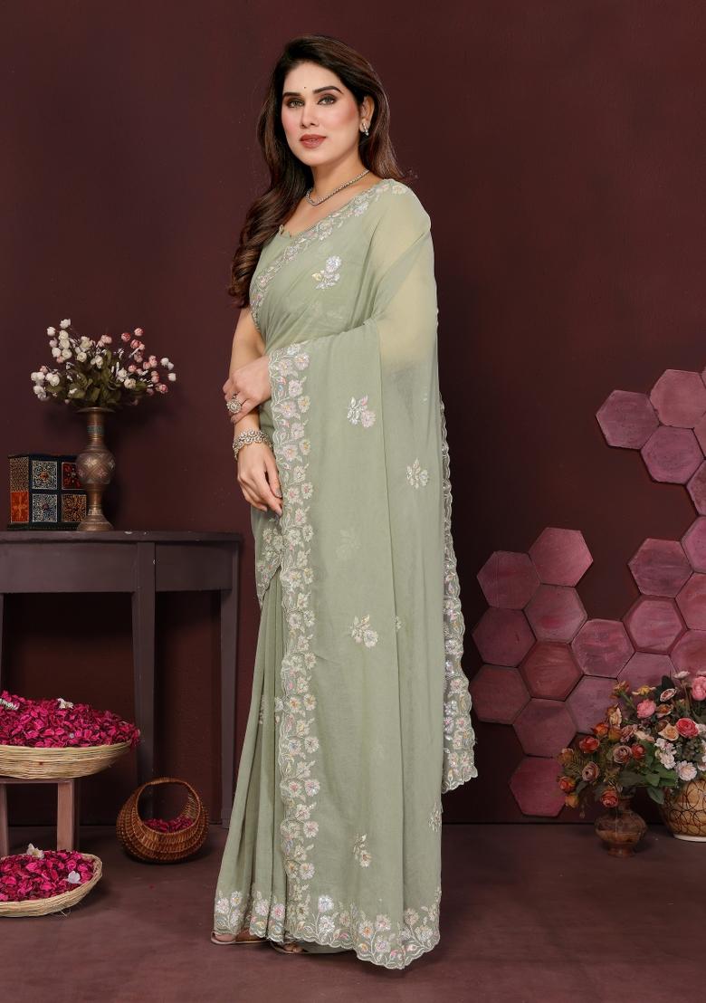 Pista Printed Blended Saree Collection - Indya