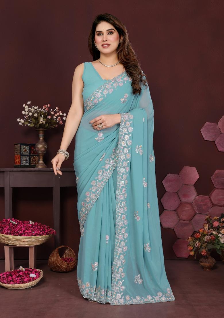 Turquoise Printed Blended Saree Collection - Indya