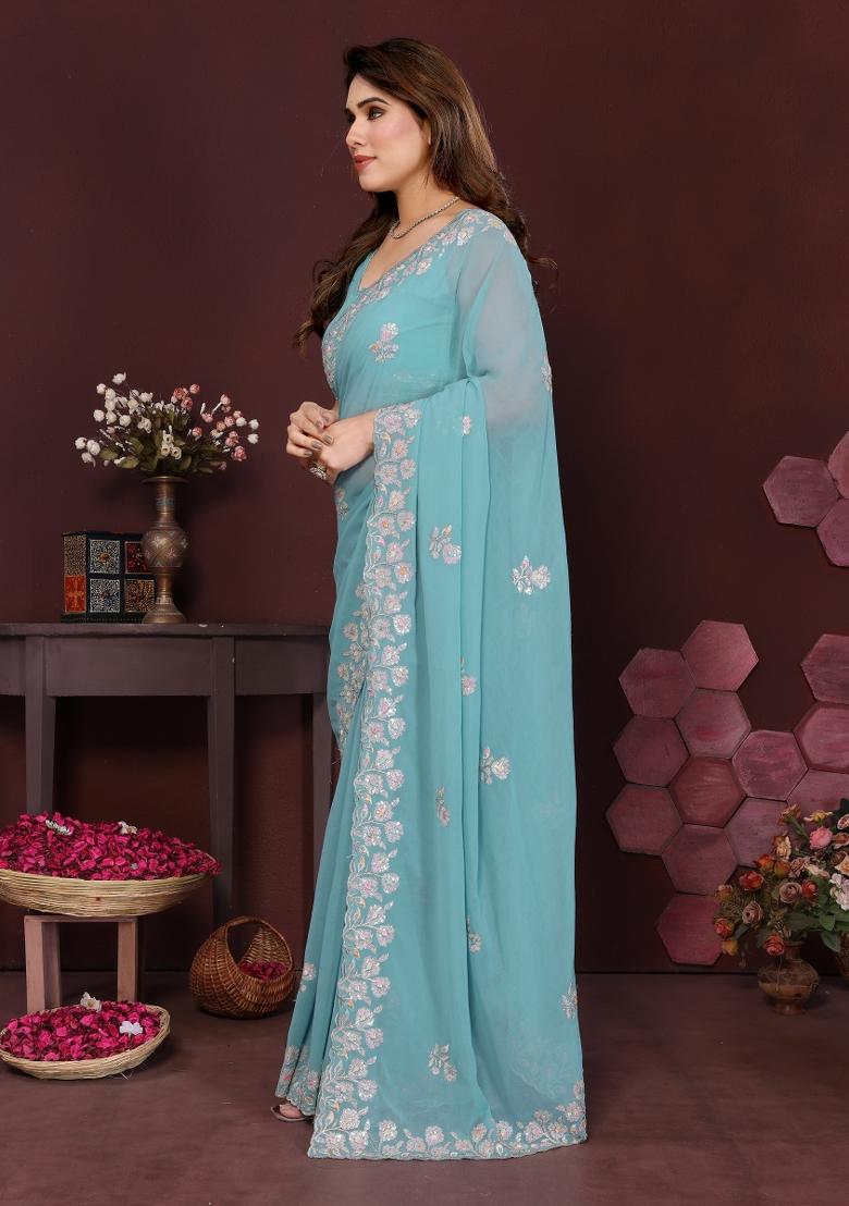 Turquoise Printed Blended Saree Collection - Indya