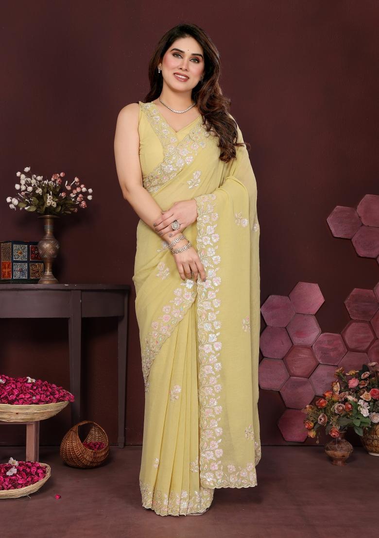 Yellow Printed Blended Saree Collection - Indya