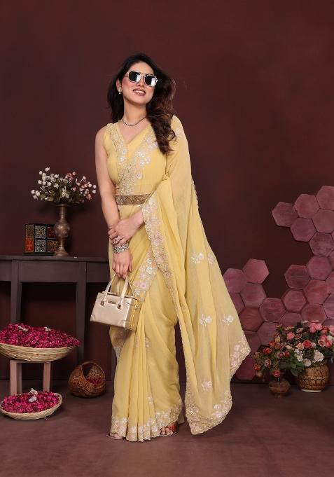 Yellow Printed Blended Saree Collection