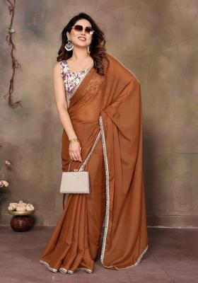 Brown Printed Blended Saree Collection