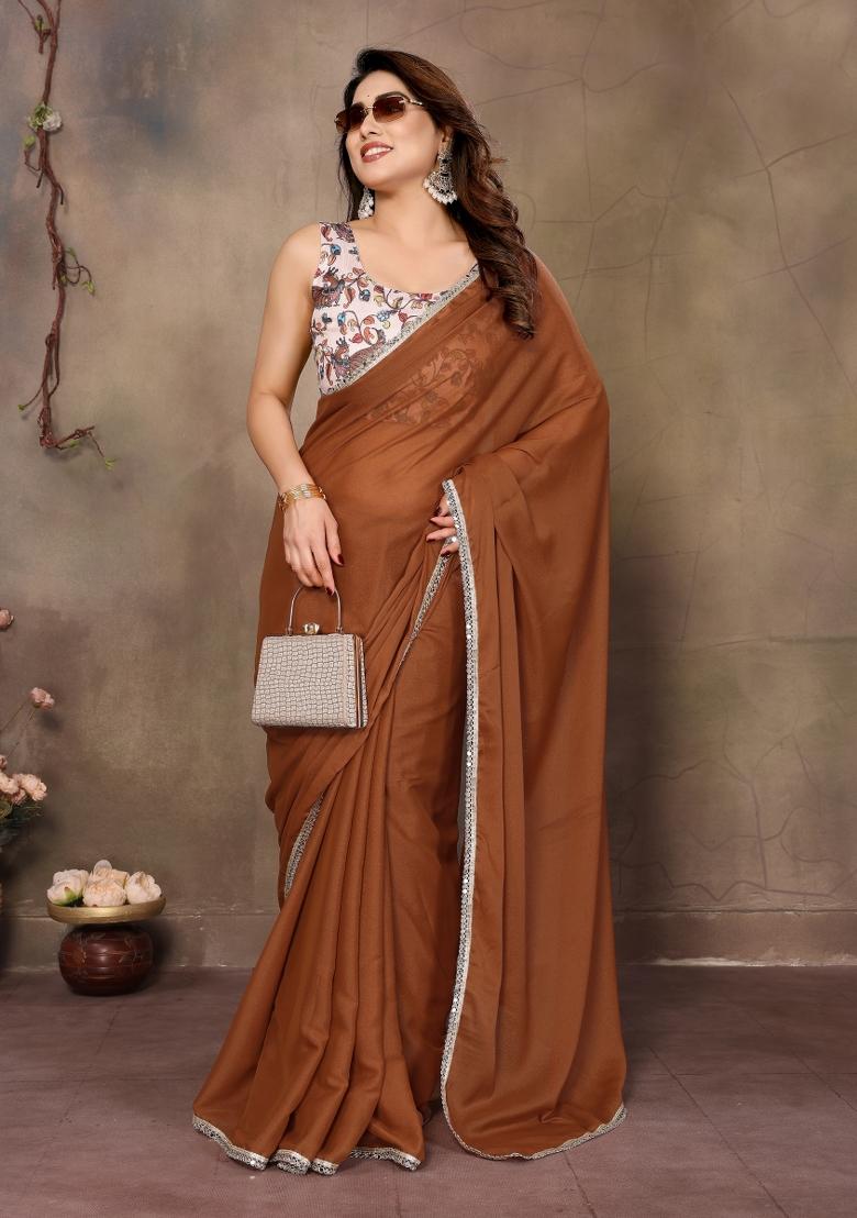 Brown Printed Blended Saree Collection - Indya