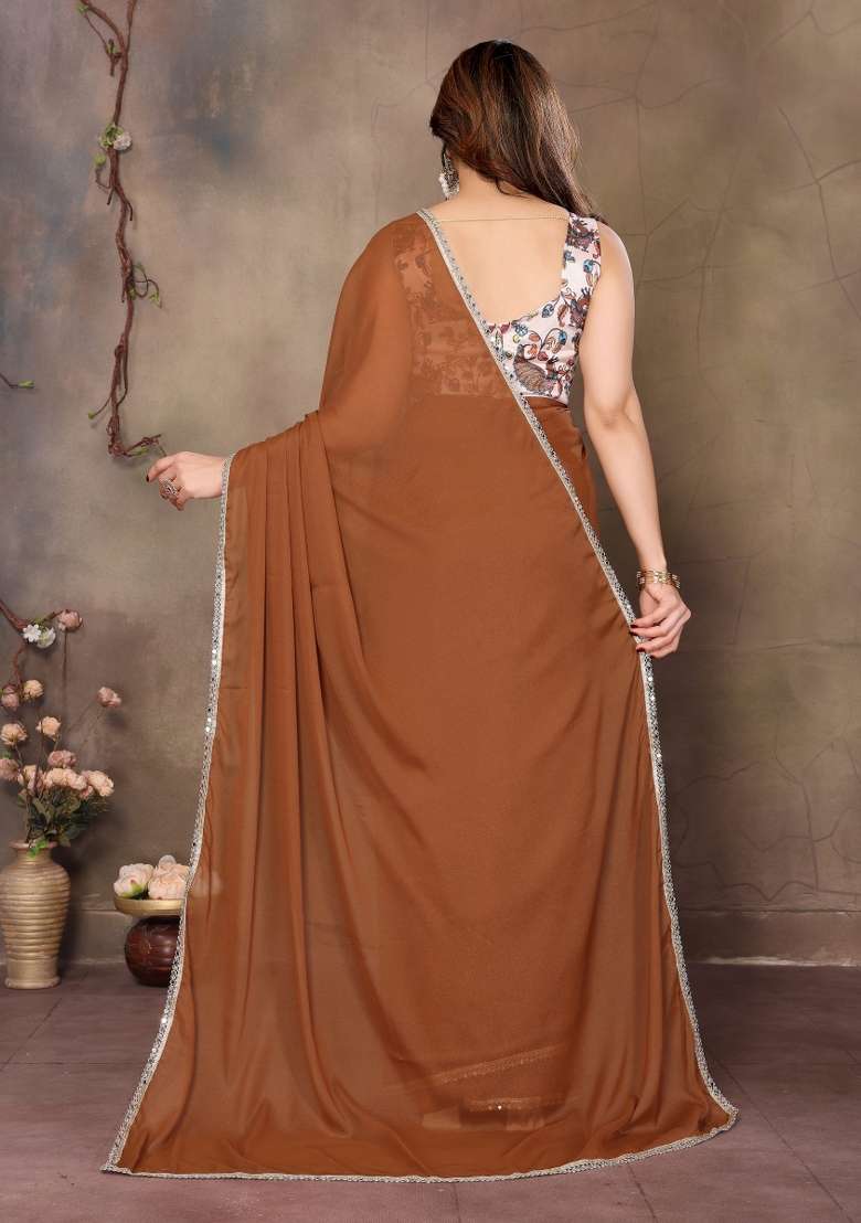 Brown Blended Collection Saree with Printed for Diwali | Wedding & Festive Wear - Indya