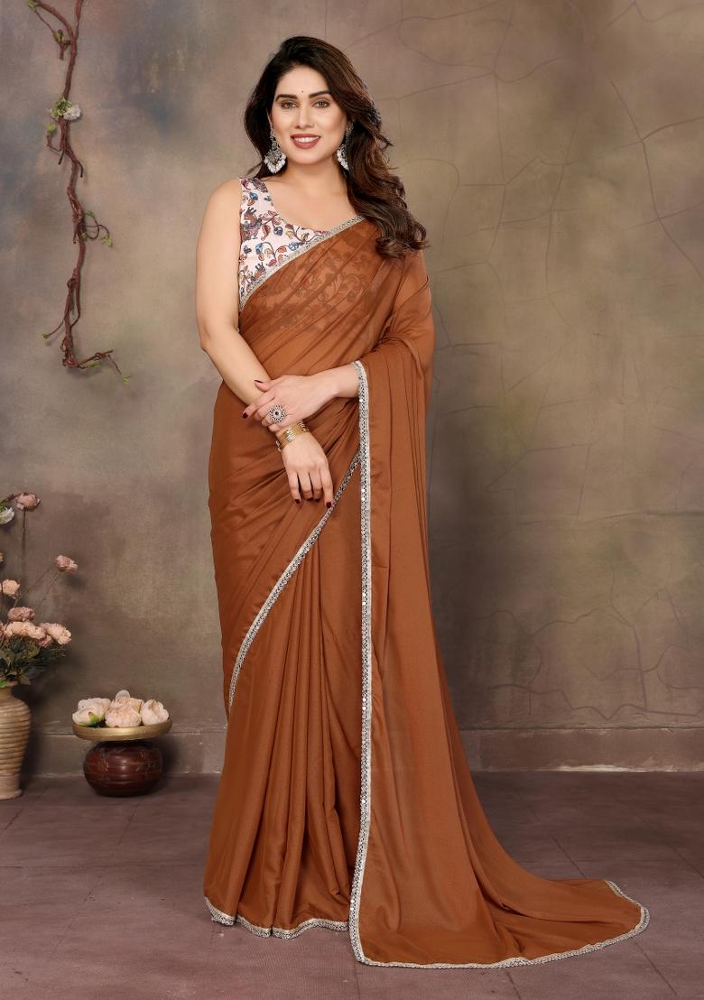 Brown Printed Blended Saree Collection - Indya