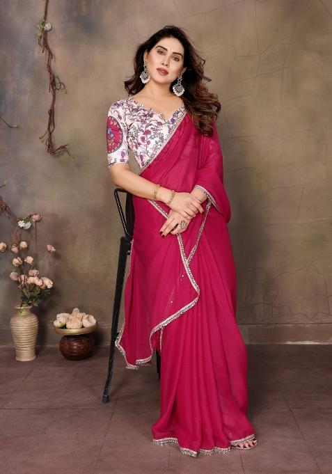 Pink Printed Blended Saree Collection