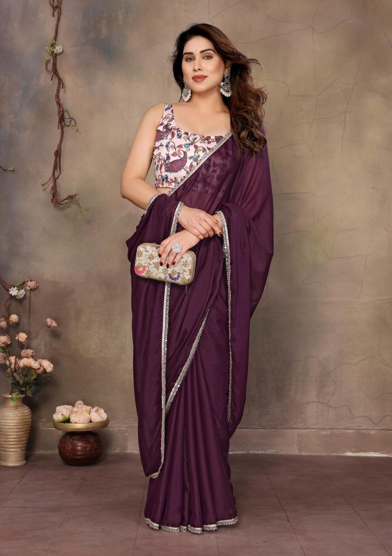 Wine Printed Blended Saree Collection